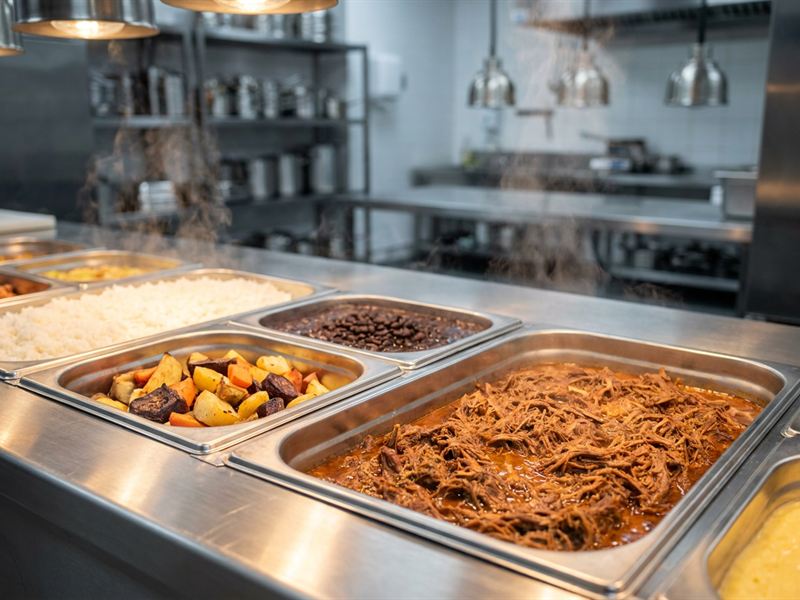 Cubas de buffet em aço inox com arroz, legumes e carne
